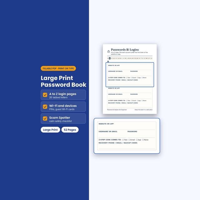 Password organizer cover with large print login and Wi-Fi record forms.