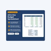 Budget spreadsheet cover beside a monthly income and expense table.