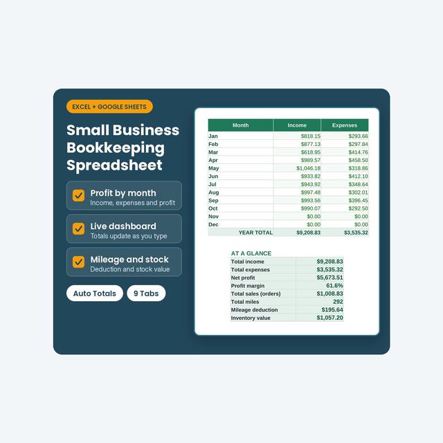 Bookkeeping spreadsheet cover with monthly profit totals and an income and expense table.