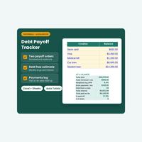 Debt payoff tracker cover beside creditor balances and a debt summary.