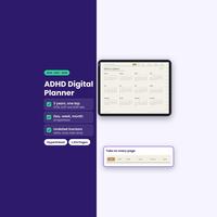 ADHD planner displayed on a tablet beside a monthly calendar and daily planning page.