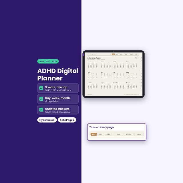 ADHD planner displayed on a tablet beside a monthly calendar and daily planning page.