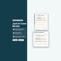 Just in Case Binder cover beside beneficiary designation and executor forms.