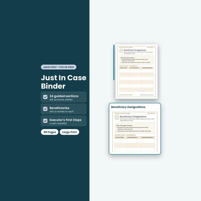 Just in Case Binder cover beside beneficiary designation and executor forms.