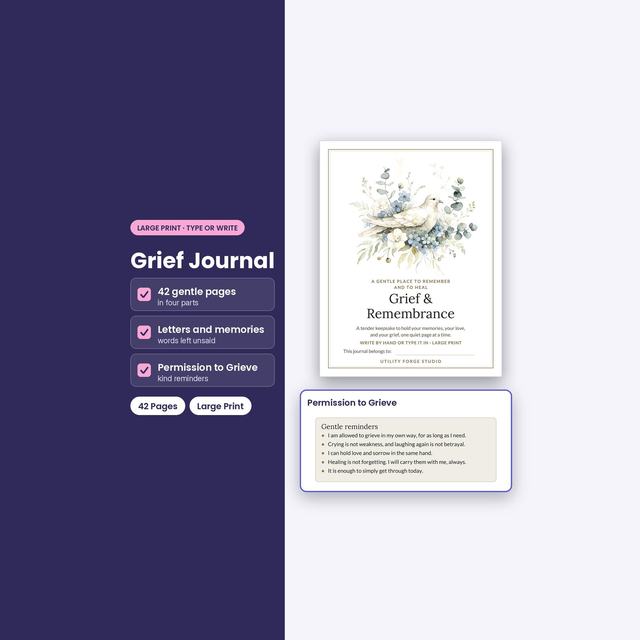 Grief journal cover beside a Permission to Grieve writing page.