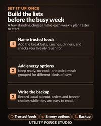 A dark brown digital graphic with white text titled SET IT UP ONCE, Build the lists before the busy week. It lists three steps: 1. Name trusted foods, 2. Add energy options, and 3. Write the backup, with bottom icons and UTILITY FORGE STUDIO.