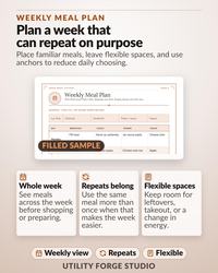 A digital weekly meal plan template featuring a header titled Weekly Meal Plan, a filled sample table with columns for breakfast, lunch, dinner, and snack, and three informational boxes explaining the benefits of whole week planning, repeating meals, and flexible spaces.