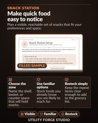 A digital guide titled Snack Station featuring instructions on organizing food. It includes sections on choosing a zone, using familiar options, and restocking. The text outlines how to make snacks visible and reachable, with a filled sample box.