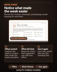 A digital Wins Page template featuring a Wins No Guilt section with checkboxes for tracking daily successes. The layout includes sections titled What worked, What felt kind, and Use it again, with text prompts for recording meal routines and helpful choices.