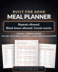 ADHD Meal Planner cover with weekly meal plan, safe foods and automatic grocery list sample pages against a dark tile background.