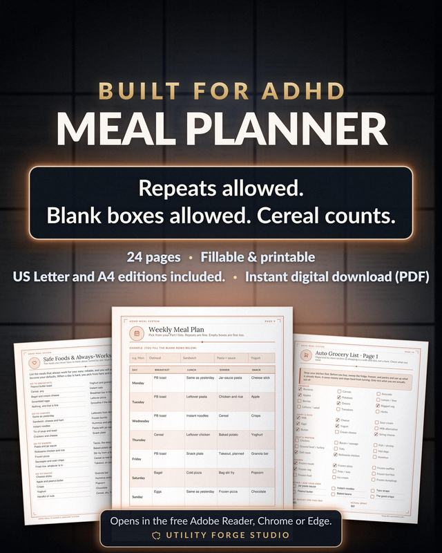 ADHD Meal Planner cover with weekly meal plan, safe foods and automatic grocery list sample pages against a dark tile background.