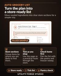 A digital document titled Auto Grocery List featuring a filled sample page with checkboxes for produce items. The layout includes sections for store organization, a pantry check guide, and instructions to tick items while shopping.