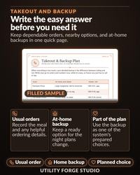 A digital document titled Takeout and Backup with the subtitle Write the easy answer before you need it. It features a Takeout and Backup Plan table with columns for Place, My Usual Safe Order, and Phone/App, plus three informational boxes.
