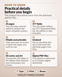 An informational graphic titled GOOD TO KNOW Practical details before you begin. It lists features for a digital planner including 24 pages, 577 fields, fillable and printable options, undated pages, US Letter and A4 sizes, and PDF files.