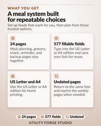 A digital meal planning system featuring 24 pages and 577 fillable fields. The text reads: What you get, A meal system built for repeatable choices, Set up foods that work for you, then plan from those trusted options, US Letter and A4.