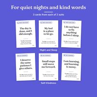 For quiet nights and kind words: 3 Night and Sleep cards above 3 Self-Kindness cards, such as The day is done, and I did enough.