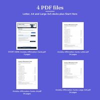 4 PDF files shown as first pages: START-HERE-Anxiety-Affirmation-Cards.pdf, 2 pages, and the Letter, A4 and Large-3x5 Anxiety Affirmation Cards decks, 34 pages each.