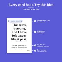 Every card has a Try this idea: one Panic Moments card, This wave is strong, and I have felt waves like it pass, with 4 callouts: suit tab with icon, affirmation, Try this line and card number 1 of 20.
