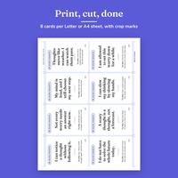 Print, cut, done: one Letter sheet of 8 Racing Thoughts cards with crop marks between them. 8 cards per Letter or A4 sheet.