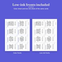 Low-ink fronts included: a color sheet and a low-ink sheet of the same 8 Racing Thoughts cards, labeled Color fronts and Low-ink fronts.