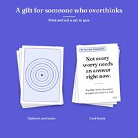 A gift for someone who overthinks: a stack of optional card backs with a ring pattern next to a stack of card fronts, the top card reading Not every worry needs an answer right now.
