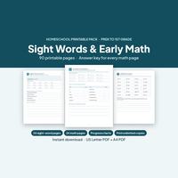 Sight Words and Early Math pack with sample word tracing, counting and arithmetic worksheets.