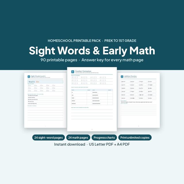 Sight Words and Early Math pack with sample word tracing, counting and arithmetic worksheets.