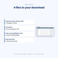 Download contents panel showing lesson planner PDFs, a gradebook file and a setup guide.