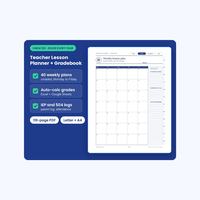 Teacher lesson planner and gradebook cover beside a weekly lesson plan.