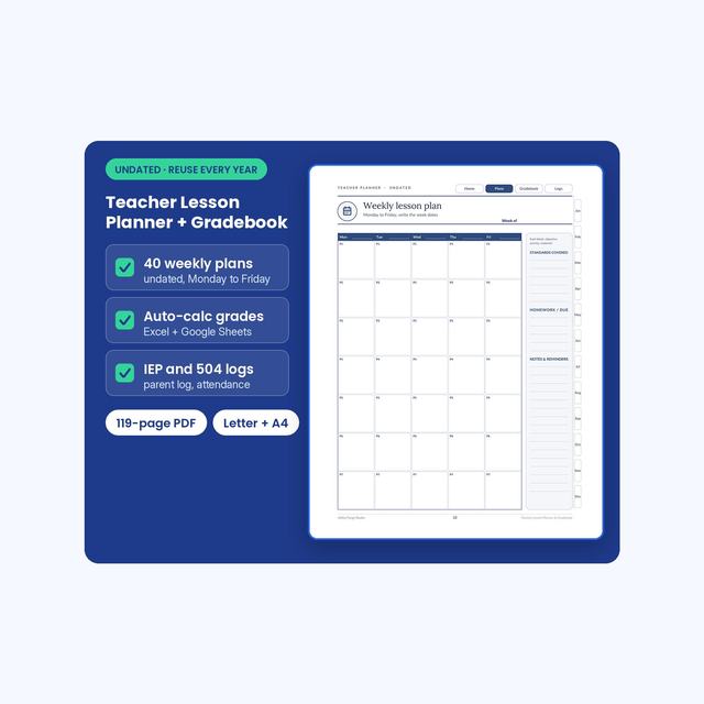 Teacher lesson planner and gradebook cover beside a weekly lesson plan.
