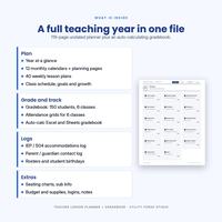 Teacher planner contents list beside a sample weekly lesson plan.