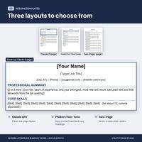 Resume bundle showing Classic, Modern Two-Tone and Two-Page layouts with a close-up of the blank professional summary and skills fields.