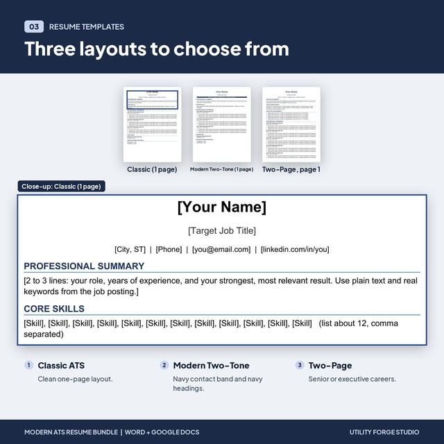 Resume bundle showing Classic, Modern Two-Tone and Two-Page layouts with a close-up of the blank professional summary and skills fields.