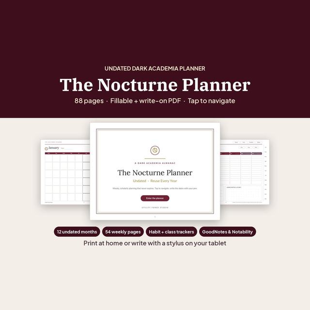 Dark Academia planner cover surrounded by calendar, habit tracker and schedule pages.