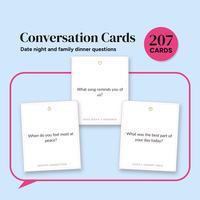 Three printable question cards in a pink speech bubble on light blue: What song reminds you of us? When do you feel most at peace? and a Family Dinner Table card, under Conversation Cards, with a pink 207 CARDS badge