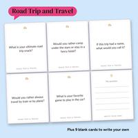 Five Road Trip and Travel cards and one lined My question card in a tilted grid on light blue, under a pink Road Trip and Travel label, with the line Plus 9 blank cards to write your own