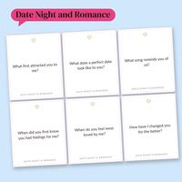 Six white Date Night and Romance cards in a tilted grid on light blue, including What first attracted you to me? and What song reminds you of us? under a pink Date Night and Romance label