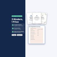 Family Binder Bundle showing medical, password and estate binder covers above a medical summary form.