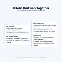 Invoice tracker contents diagram grouping 10 connected tabs for setup, billing, costs and business summaries.