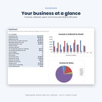 Invoice tracker dashboard with monthly invoice totals, collected payments and invoice status charts.