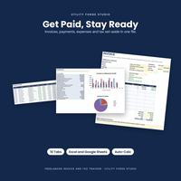 Invoice tracker with invoice, payment and tax summary sheet previews.