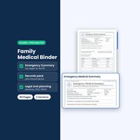 Family Medical Binder cover beside an emergency medical summary form.