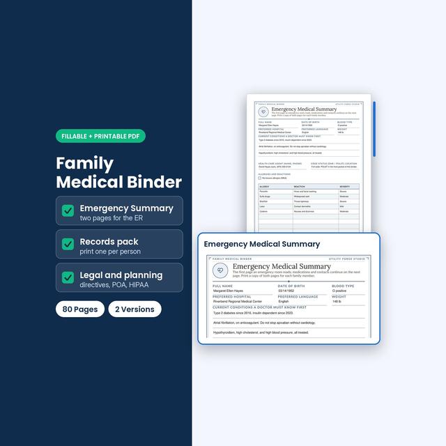 Family Medical Binder cover beside an emergency medical summary form.