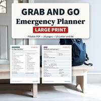 Grab and Go Emergency Planner with a go bag checklist and medical card forms.