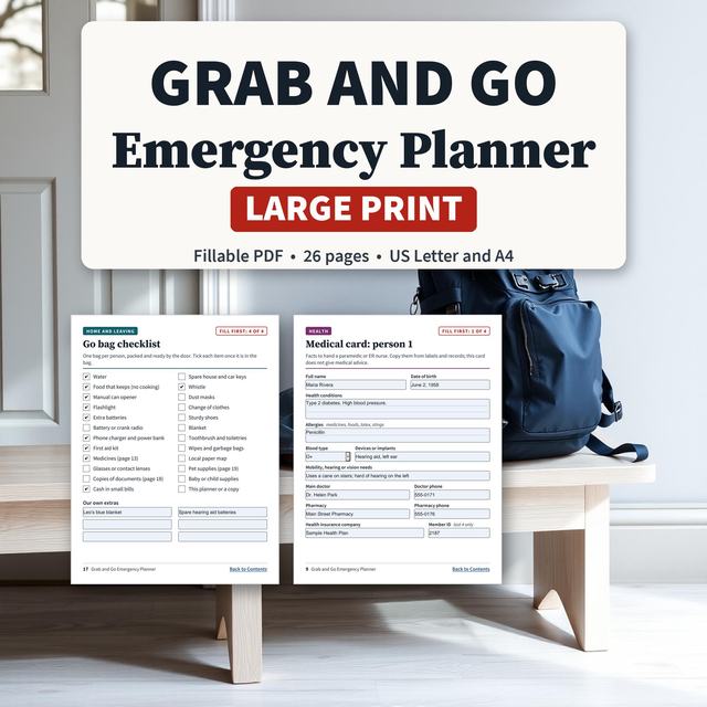 Grab and Go Emergency Planner with a go bag checklist and medical card forms.