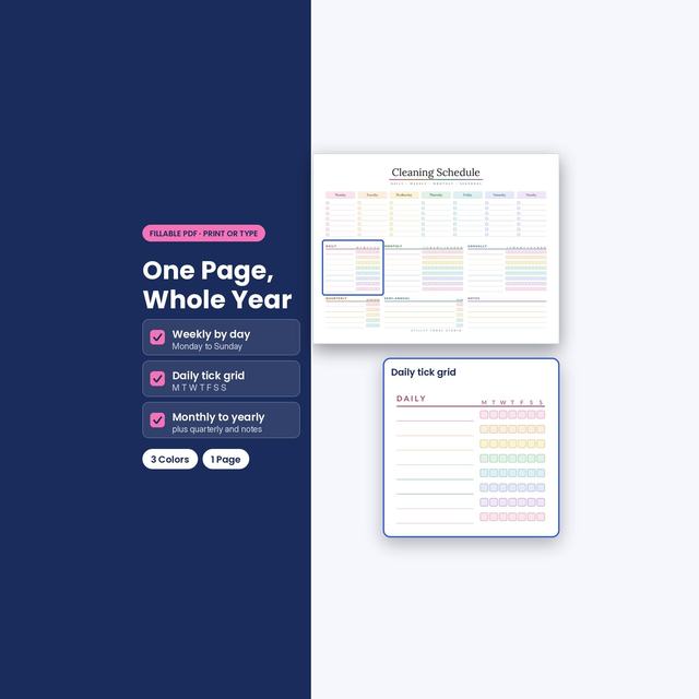 Cleaning schedule cover beside a quarterly schedule and daily tick grid.