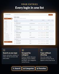 A digital interface for a password vault application displaying a list of login entries organized by categories such as Finance, Health, Personal, and Shopping. The screen features a search bar, a sidebar menu, and buttons for search, categories, and favorites.