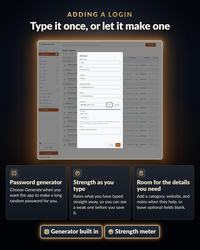 A digital interface showing a password manager adding a login entry. The screen displays fields for name, folder, username, website, and a password generator. Below, three boxes explain features: password generator, strength meter, and details.