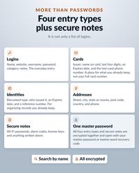 An informational graphic titled MORE THAN PASSWORDS Four entry types plus secure notes. It lists categories including Logins, Cards, Identities, Addresses, Secure notes, and One master password, with descriptions for each and two buttons at the bottom.