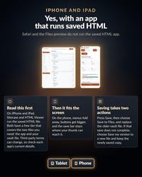 An informational graphic titled IPHONE AND IPAD, Yes, with an app that runs saved HTML. It displays two device mockups showing a password vault interface, with three text boxes explaining how to run, fit, and save the HTML file.